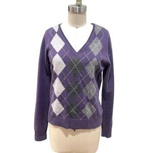 Apt 9 Sweater Womens Medium Purple 100% Cashmere Argyle V Neck Pullover